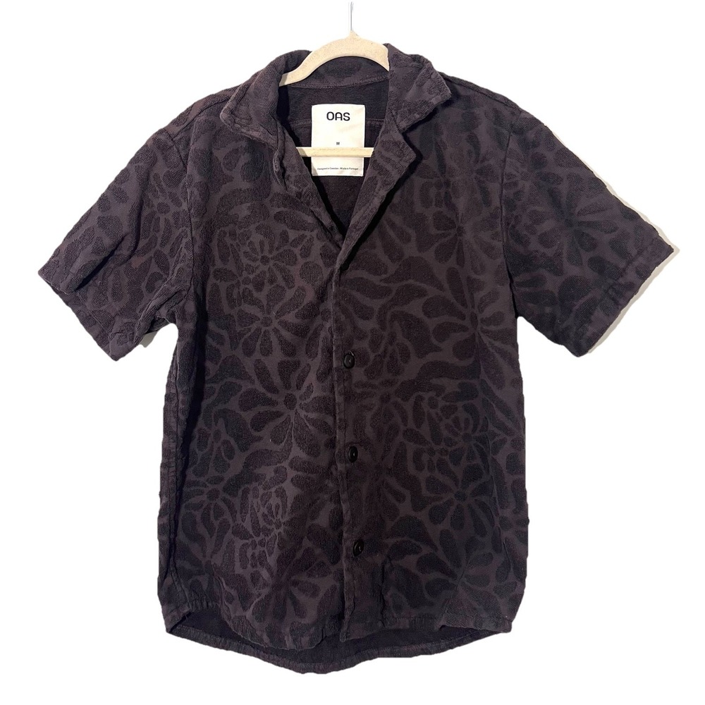OAS Camp Shirt Mens M Brown Terry Cloth Floral Short Sleeve Preppy Resort